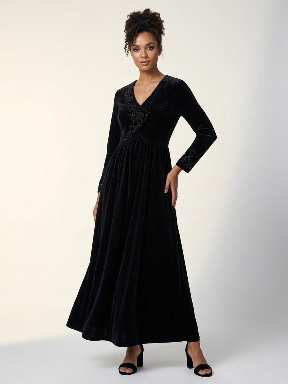 Vintage Laura Ashley Black Velvet Beaded Maxi Dress USA 12 Hong Kong